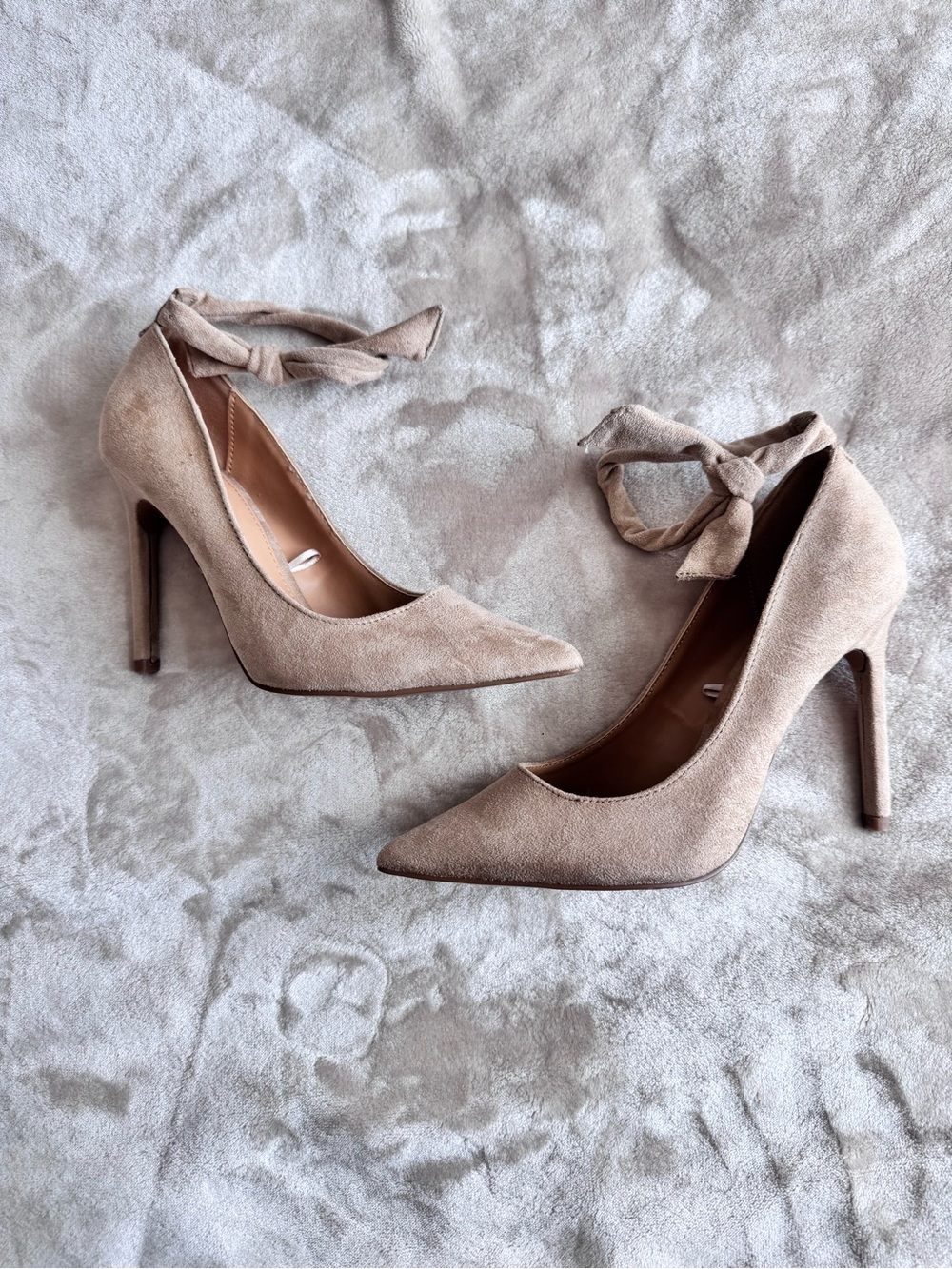 Express Pointed Toe Ankle Tie Pumps in Taupe